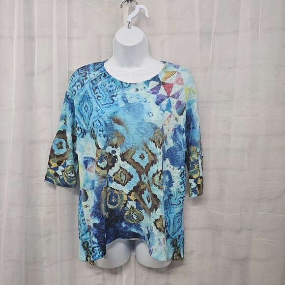 Jess & Jane Blue Abstract Boho Artsy Watercolor Retro Tee Shirt S - Picture 1 of 10